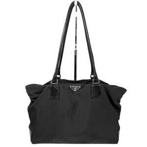 Prada Triangle Logo Black Nylon Tote Bag with Leather Straps & Zip Top